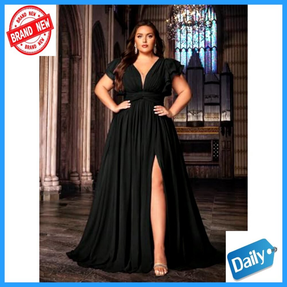 Chiffon Maxi Dress Elegant Formal Evening Party Gown V Neck Ruffle Sleeve - Picture 3 of 7